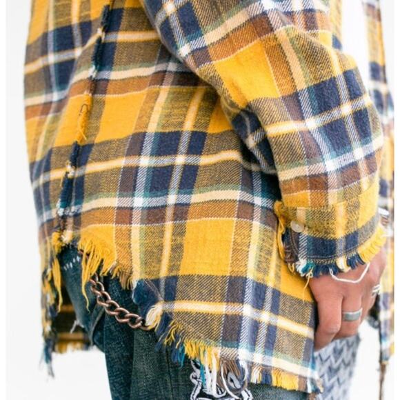 R13 Black & Yellow Plaid Flannel Shirt Size Large - Picture 4 of 9